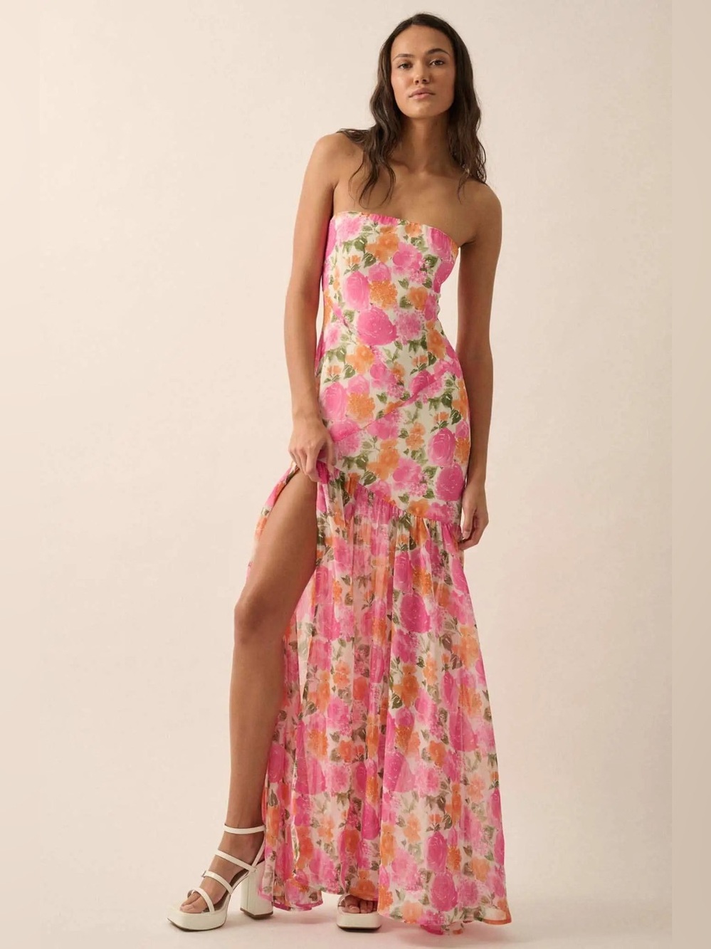 Promesa Bright Buds Strapless Floral Drop-Waist Maxi Dress